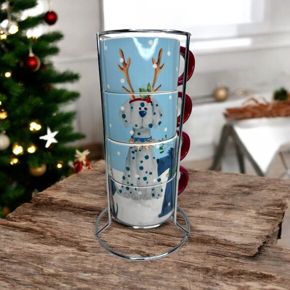 Pier 1 Imports Christmas Dog Stacking Mugs Set of 4 Stoneware Mugs With Caddy - Picture 10 of 10